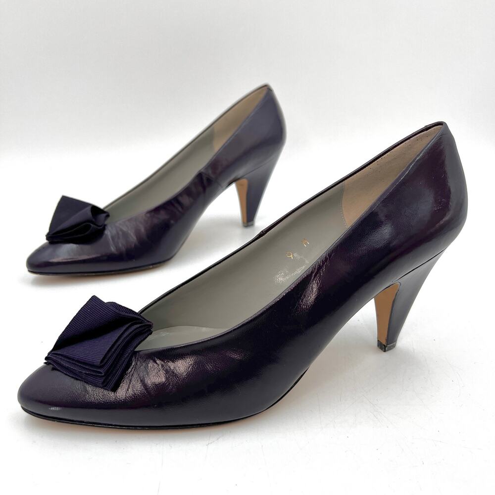 Vintage 80s Papagallo Purple Leather Heels Pointy Toe Ribbon Detail Court Shoe
